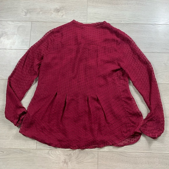 Anthropologie Meadow Rue burgundy Swiss Dot Tie Neck Buttondown Blouse - Picture 3 of 11